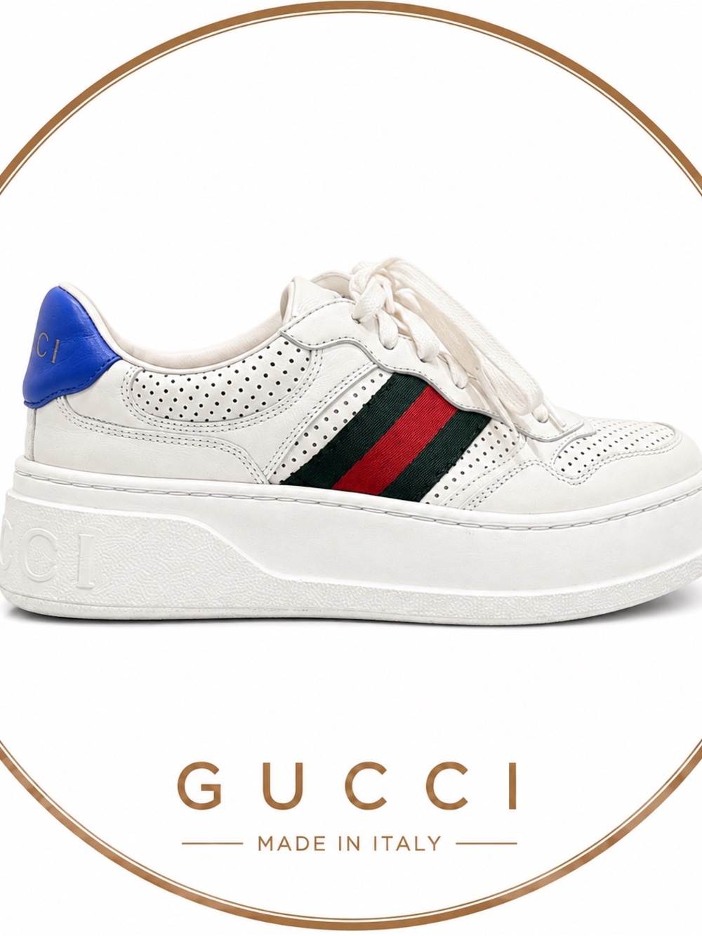 Gucci White Leather Platform Sneaker with Green and Red Web and Blue Heel - Picture 2 of 13